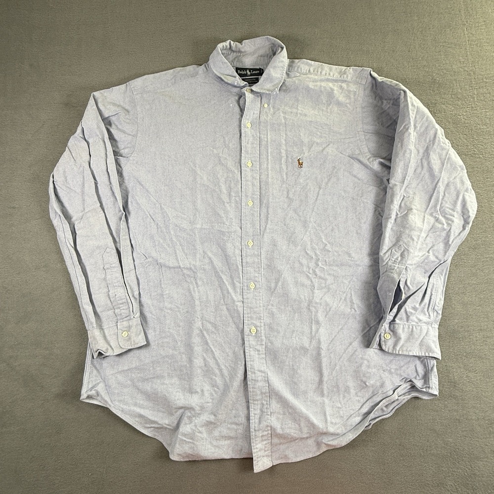 Ralph Lauren Yarmouth Blue Mens Button Up Dress Shirt 17 36 100% Cotton Oxford
